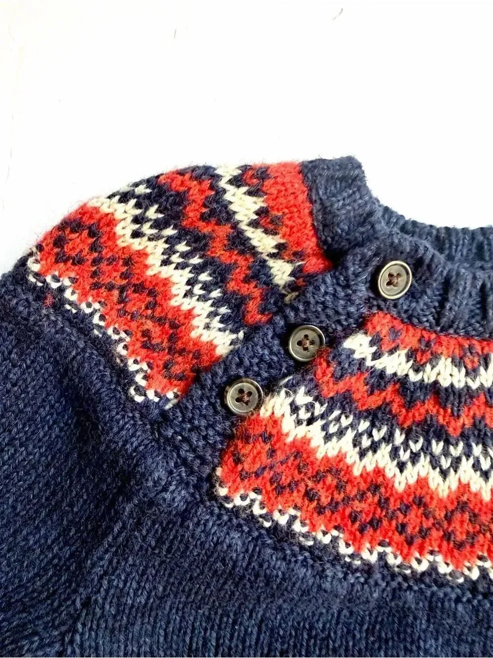 Ralph Lauren Baby Sweater Blue Nordic Fair Isle Button Shoulder 18M Cotton